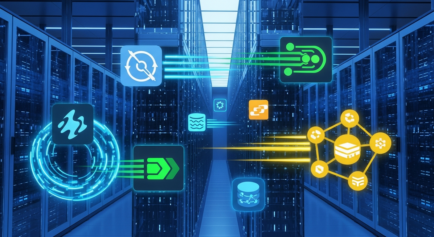 고속 응답 및 무한 확장성을 상징하는 최첨단 AWS 클라우드 데이터 센터와 추상 아이콘들